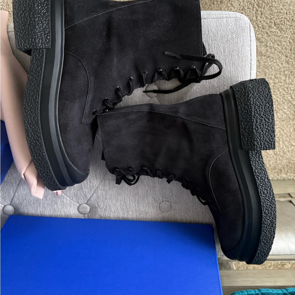 Stuart Weitzman Black Charli Suede Combat Lace-up Sportlift Boots - Picture 8 of 17